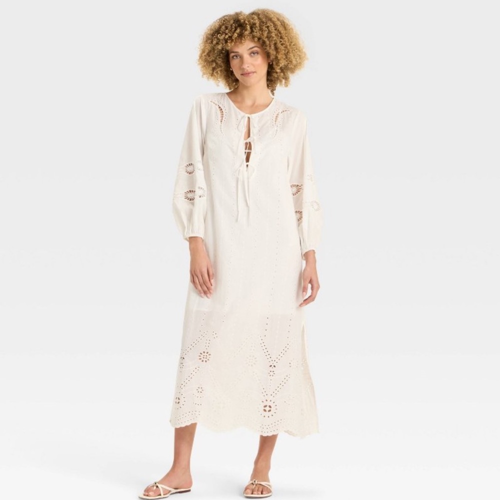 Women's Long Sleeve Eyelet Caftan A-Line Dress - Future Collective Cream XL